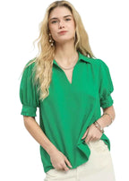 Umgee Blouse Green Seersucker Puff Short Sleeve Top