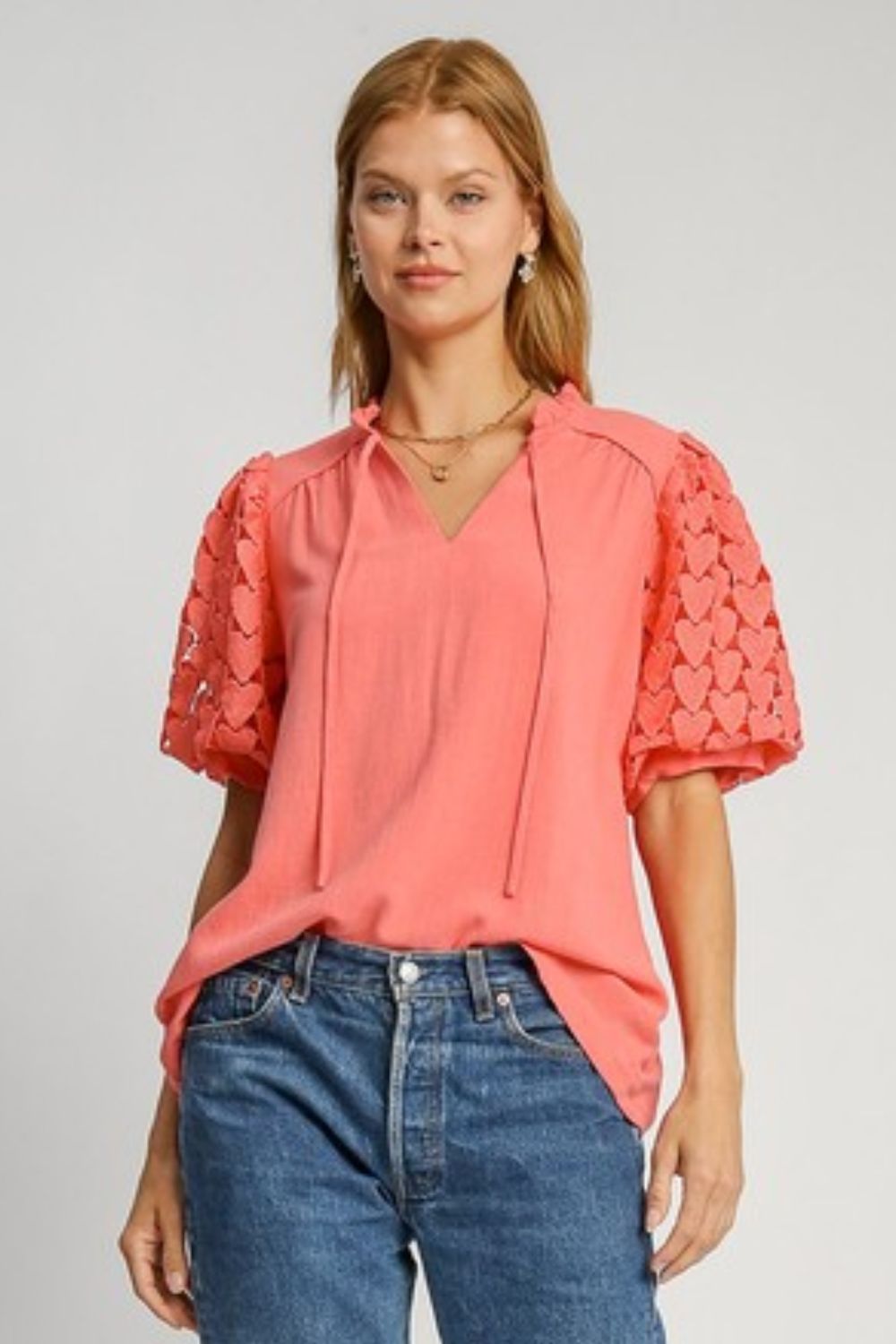 Umgee Blouse Heart Lace Sleeve Linen Blend Burnt Coral Ruffle Collar Top Umgee_Blouse_Heart_Lace_Sleeve_Linen_Blend_Burnt_Coral_Ruffle_Collar_Top Trendsi