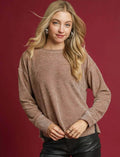 Umgee Blouse Latte Round Neck Long Sleeve Side Slit Top LATTE Umgee_Blouse_Latte_Round_Neck_Long_Sleeve_Side_Slit_Top Trendsi