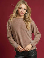Umgee Blouse Latte Round Neck Long Sleeve Side Slit Top LATTE Umgee_Blouse_Latte_Round_Neck_Long_Sleeve_Side_Slit_Top Trendsi