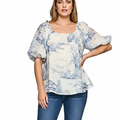 Umgee Blouse Light Blue Print Ruffle Short Balloon Sleeve Casual Top Plus Size