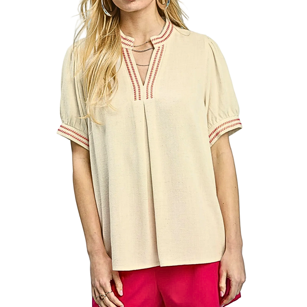 Umgee Blouse Linen Cotton Cream V-Neck Embroidered Red Trim Puff Short Sleeve Top