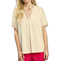 Umgee Blouse Linen Cotton Cream V-Neck Embroidered Red Trim Puff Short Sleeve Top