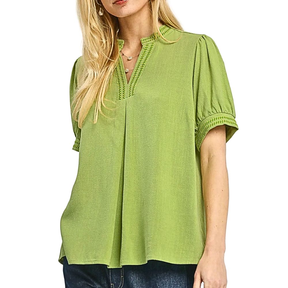Umgee Blouse Linen Cotton V-Neck Embroidered Trim Sage Green Casual Loose Top