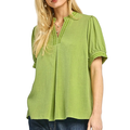 Umgee Blouse Linen Cotton V-Neck Embroidered Trim Sage Green Casual Loose Top