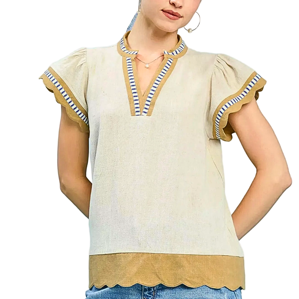 Umgee Blouse Linen Cotton V-Neck Stripe Contrast Trim Ruffle Short Sleeve Top