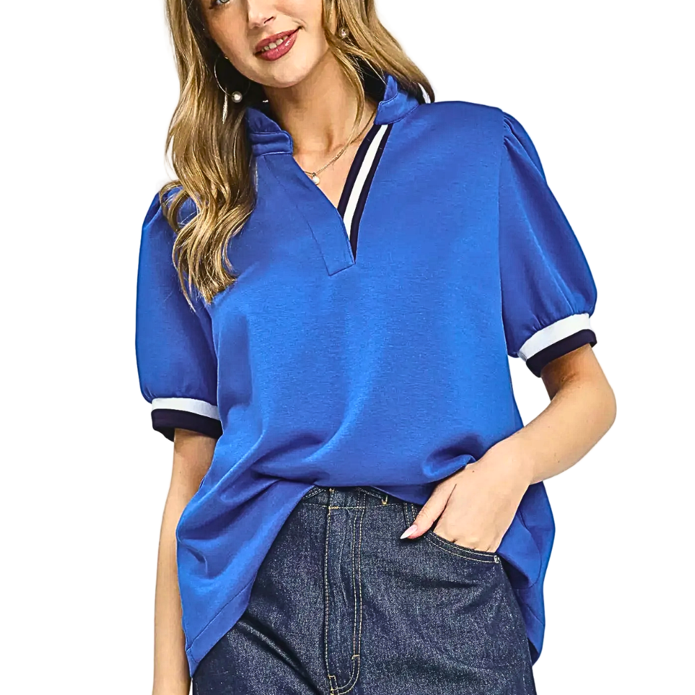 Umgee Blouse Luxe Knit Top V-Neck Collar Stripe Trim Short Puff Sleeve Ocean Blue