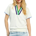 Umgee Blouse Luxe Knit V-Neck Stripe Contrast Trim Short Sleeve Cream Top