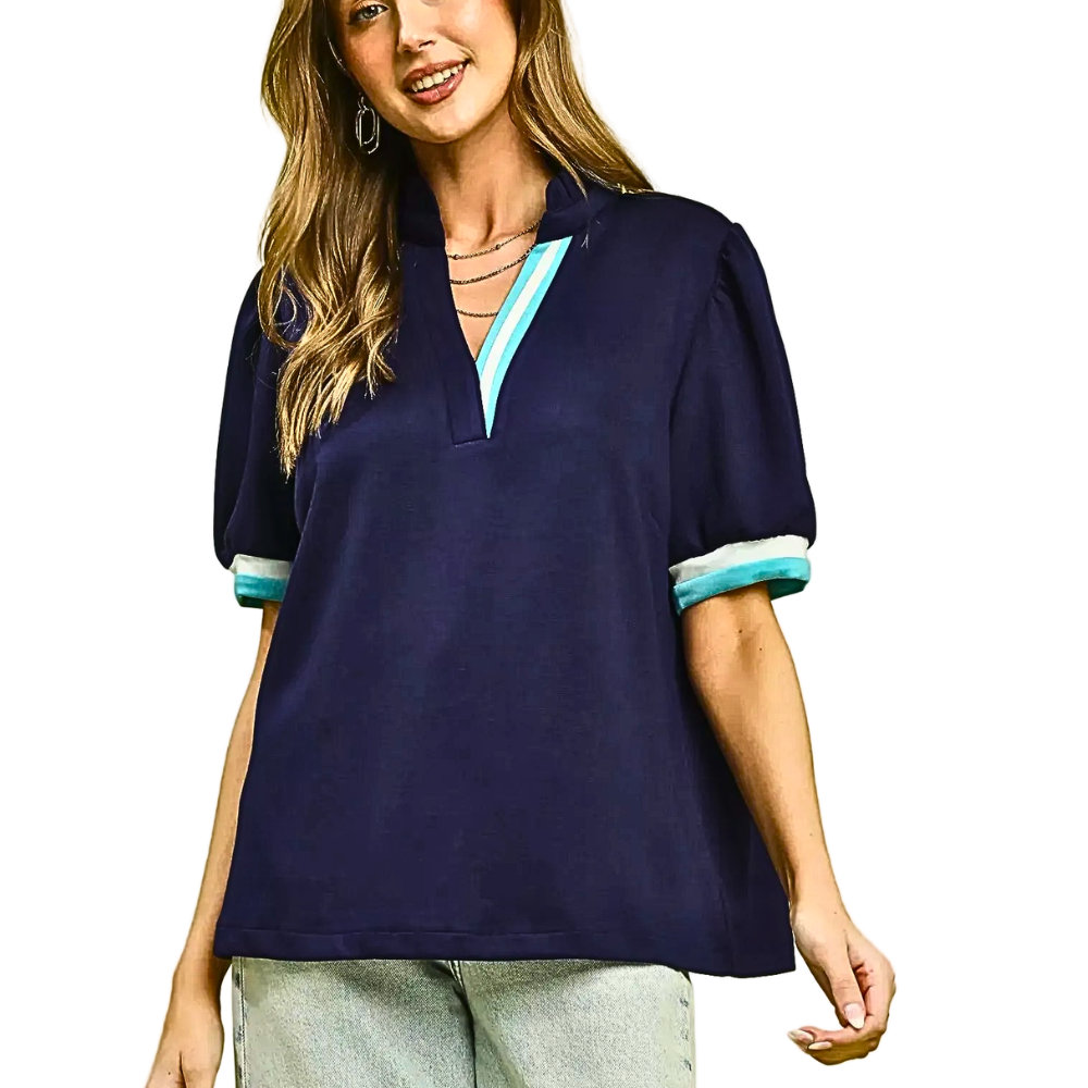 Umgee Blouse Luxe Knit V-Neck Stripe Contrast Trim Short Sleeve Navy Top