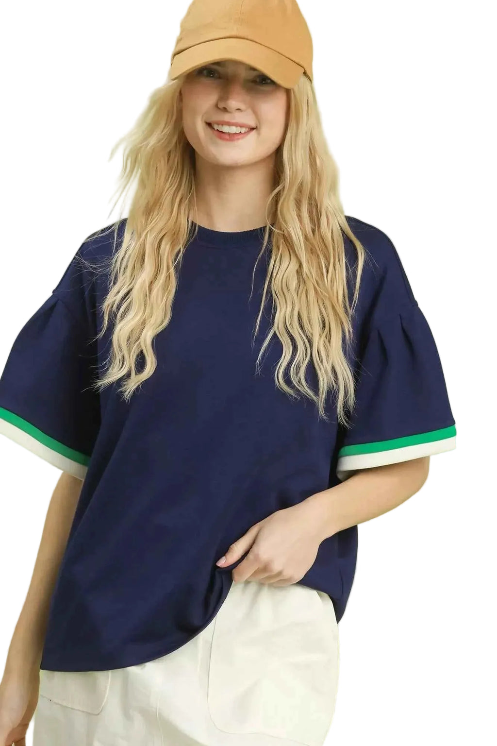 Umgee Blouse Navy Blue Contrast Trim Bell Short Sleeve Top