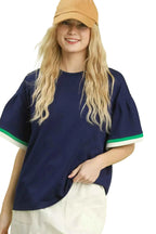 Umgee Blouse Navy Blue Contrast Trim Bell Short Sleeve Top