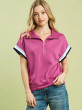 Umgee Blouse Orchid Pink Zip Front Casual Top with Contrast Stripe Trim