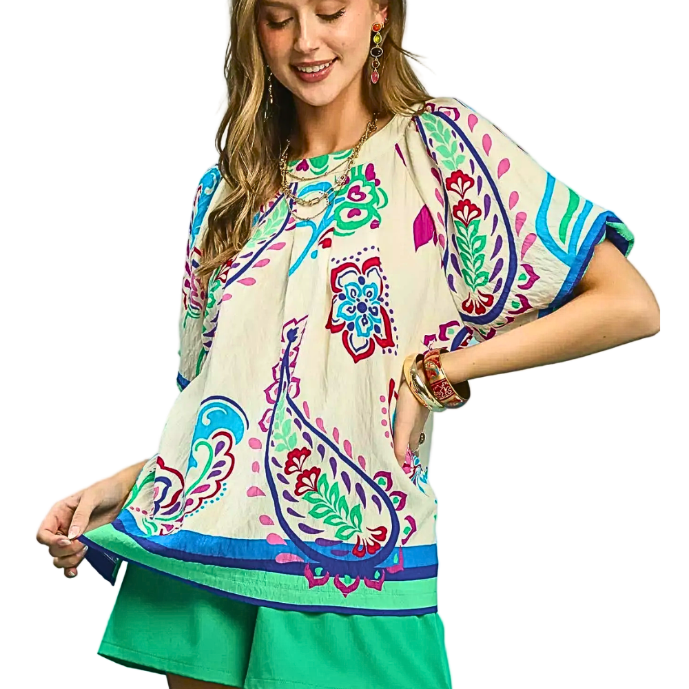 Umgee Blouse Paisley Multicolor Print Lighweight Cream Short Dolman Sleeve Top