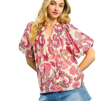 Umgee Blouse Paisley Print Pink Mix Smocked Tie V-Neck Balloon Short Sleeve Top