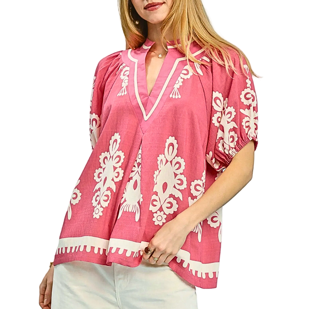 Umgee Blouse Pink Floral Boho Print V-neck Split-Short Sleeve Casual Ruffle Top
