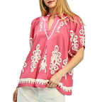 Umgee Bluse Rosa Blumen-Boho-Print V-Ausschnitt Geteilte kurze Ärmel Lässiges Rüschen-Oberteil