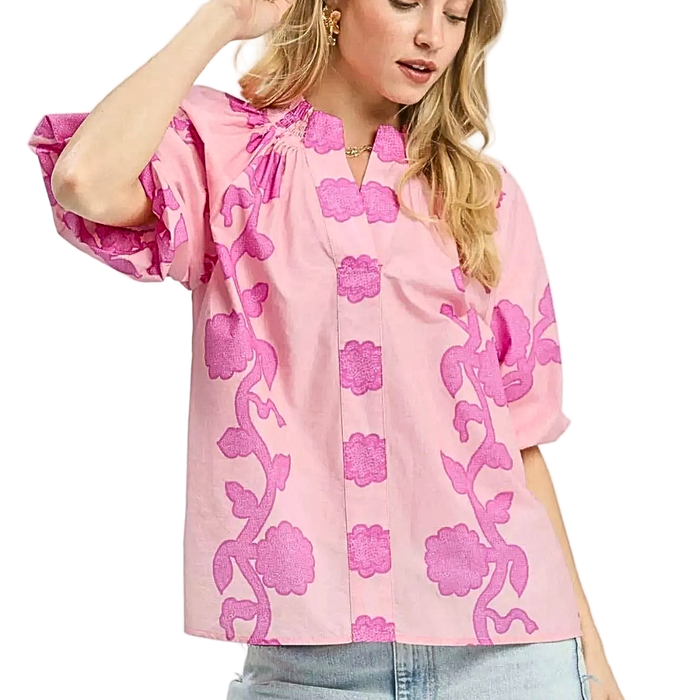 Umgee Blouse Pink Floral Smocked Notched Neck Ballon Short Sleeve Casual Top