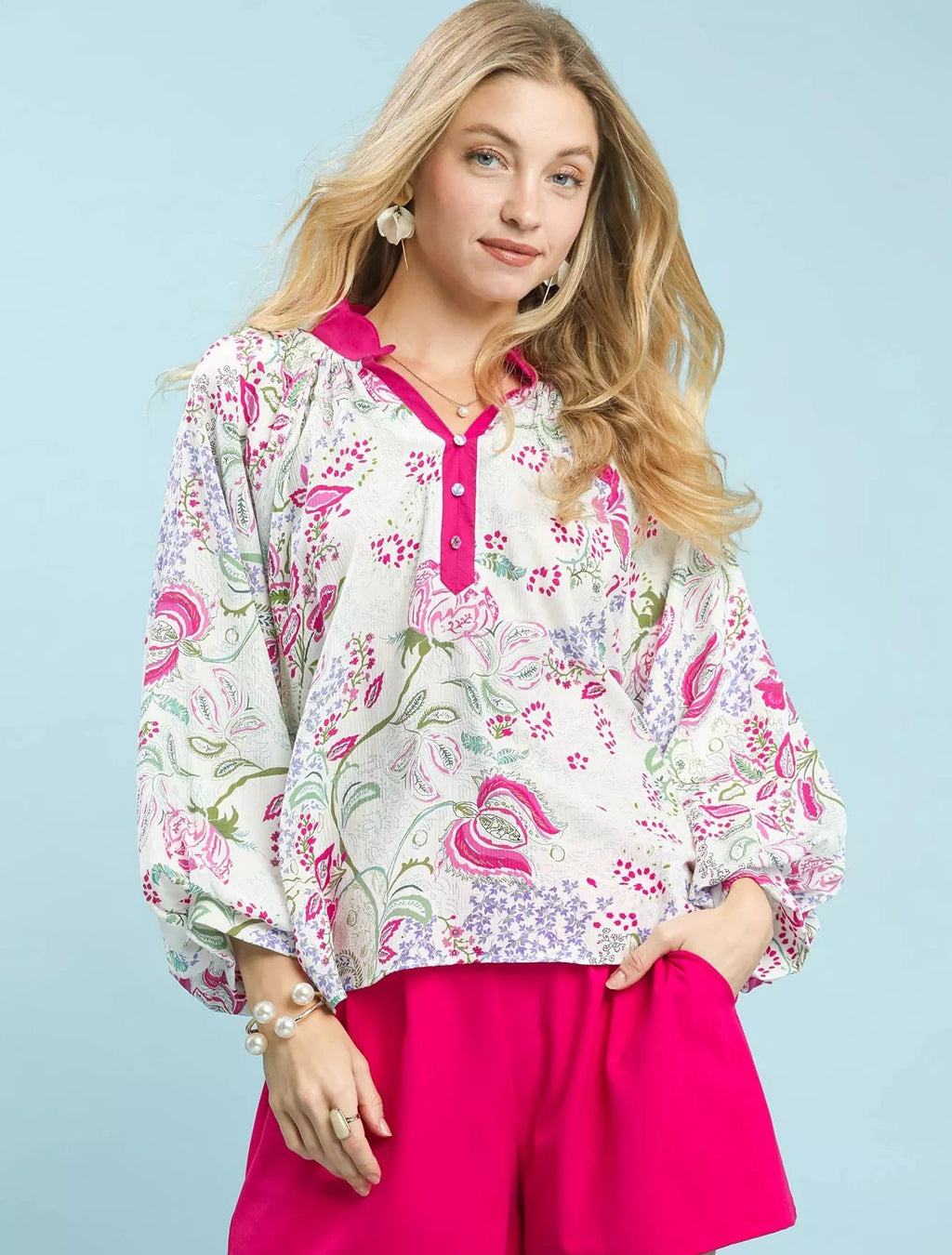 Umgee Blouse Pink Mix Paisley Floral Contrast Trim Long Sleeve Top PINK MIX Umgee_Blouse_Pink_Mix_Paisley_Floral_Contrast_Trim_Long_Sleeve_Top Trendsi