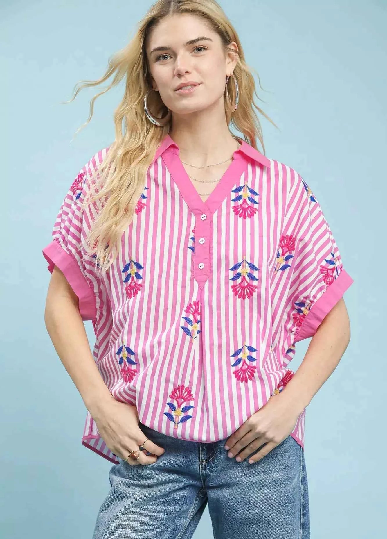 Umgee Stripe Embroidered Button-Front Boho Blouse