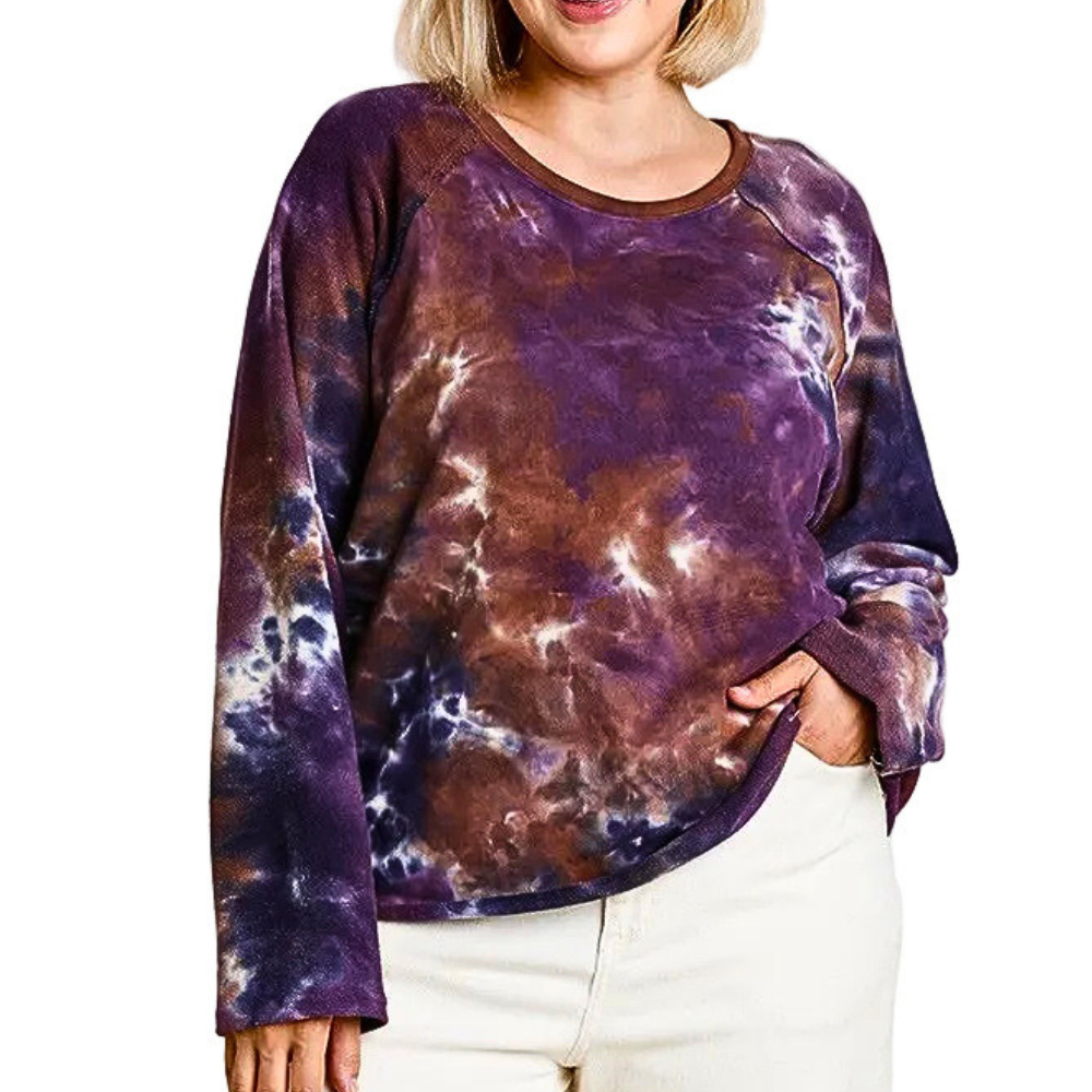 Umgee Blouse Plus Size French Terry Purple Mix Tie-Dye Raglan Long Sleeve Top