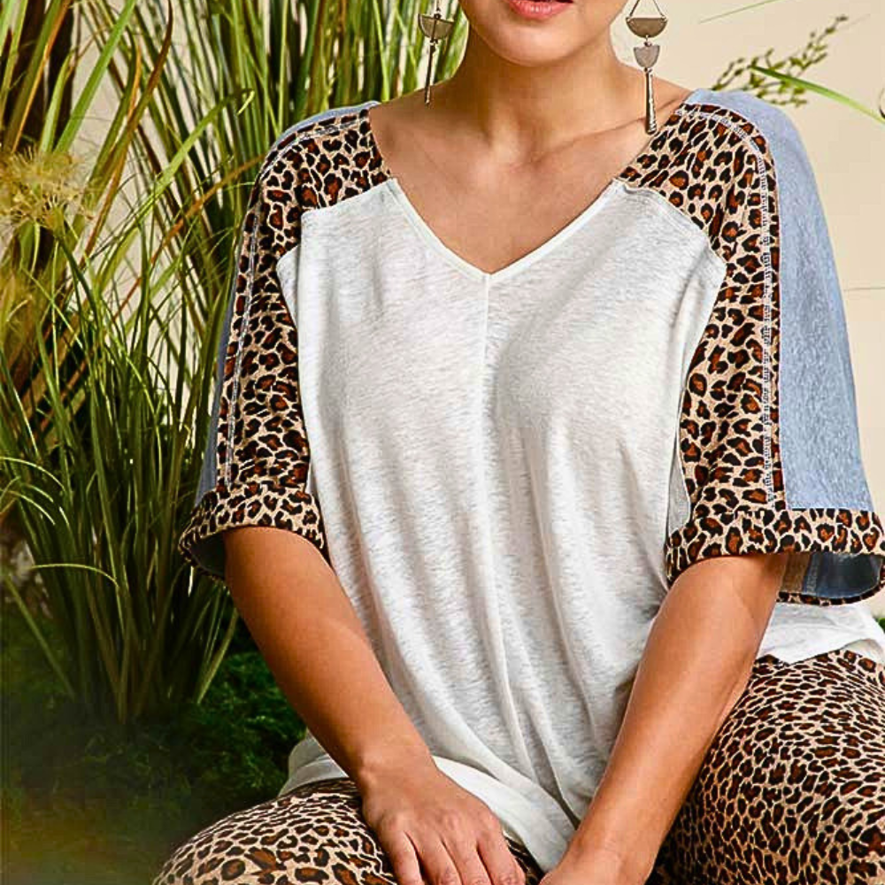 Umgee Blouse Plus Size Linen Blend Animal Leopard Colorblock Print V-Neck Top