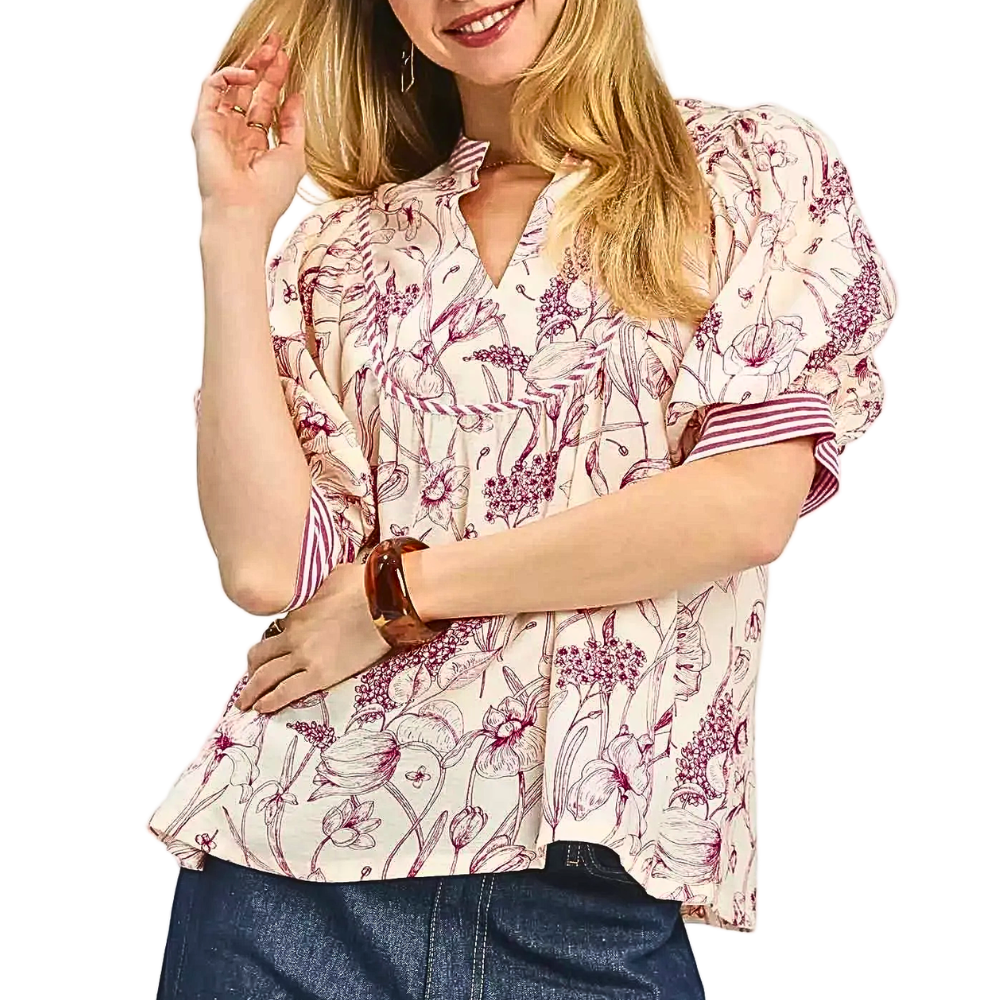 Umgee Blouse Red Floral V-Neck Stripe Trim Ruffle Short Puff Sleeve Casual Top