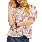Umgee Blouse Red Floral V-Neck Stripe Trim Ruffle Short Puff Sleeve Casual Top