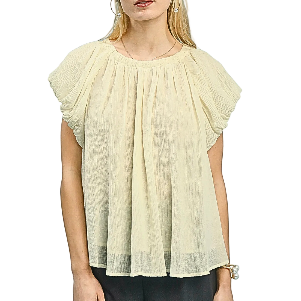 Umgee Blouse Ruffle Round Neck Crinkle Ballon Short Sleeve Peasant Lightweight Top