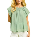 Umgee Blouse Ruffle Round Neck Crinkle Ballon Short Sleeve Peasant Lightweight