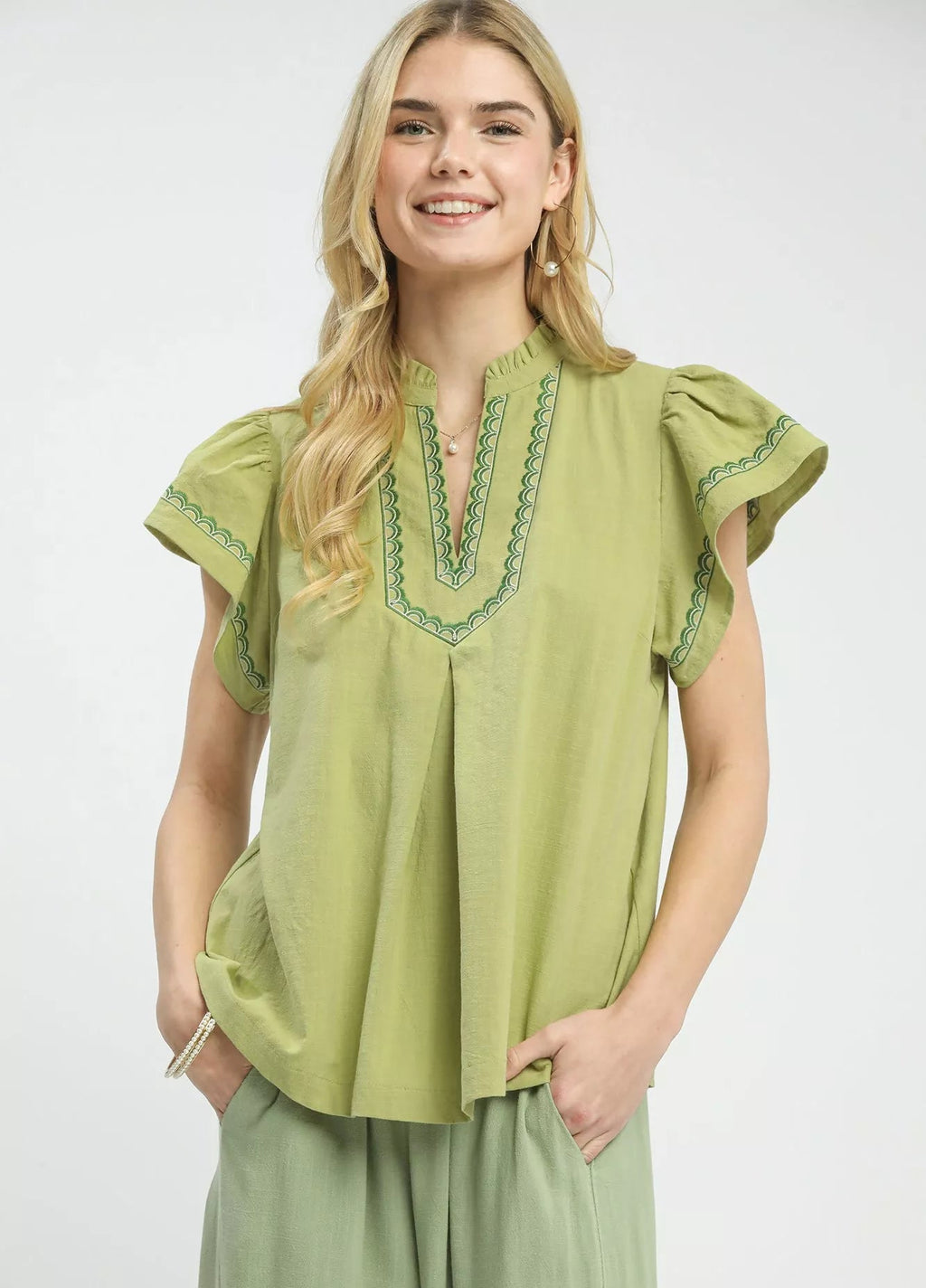 Umgee Embroidered Flutter Sleeve Blouse