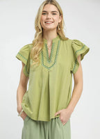 Umgee Embroidered Flutter Sleeve Blouse