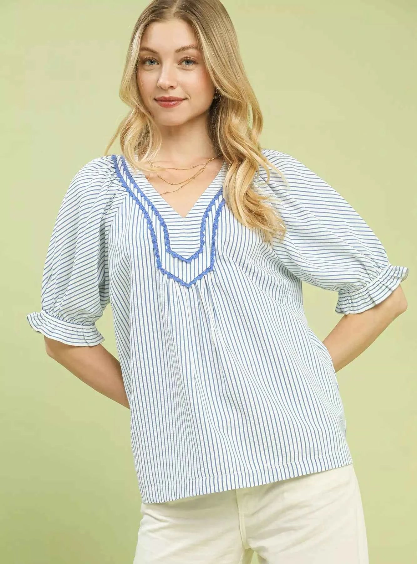 Umgee Blouse Sky Blue Stripe V-Neck Ruffled Short Sleeve Top