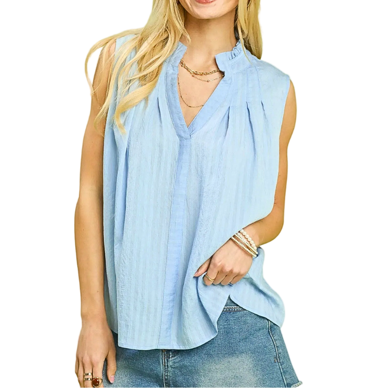 Umgee Blouse Sleeveless Textured Split V-Neck Light Blue Loose Summer Boho Top