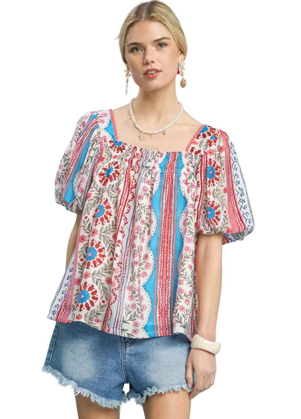 Umgee Blouse Smocked Blue Floral Patchwork Puff Short Sleeve Top