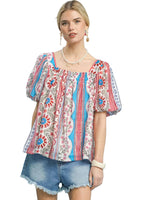 Umgee Blouse Smocked Blue Floral Patchwork Puff Short Sleeve Top