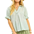 Umgee Blouse Stripe V-Neck Lace Trim Collar Sage Green Ruffle Short Puff Sleeve Top