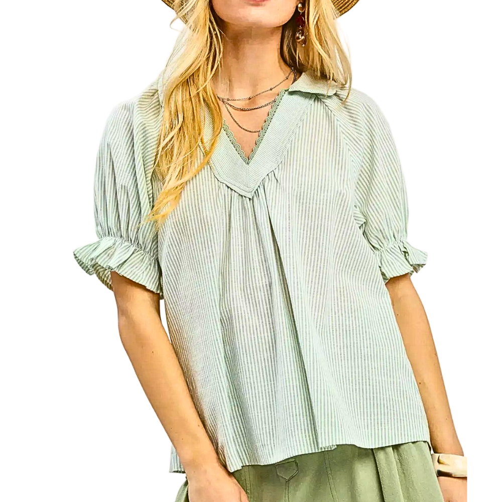 Umgee Blouse Stripe V-Neck Lace Trim Collar Sage Green Ruffle Short Puff Sleeve Top