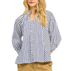 Umgee Blouse Striped Navy Blue Button V-Neck 3/4 Sleeve Casual Cotton Shirt Top