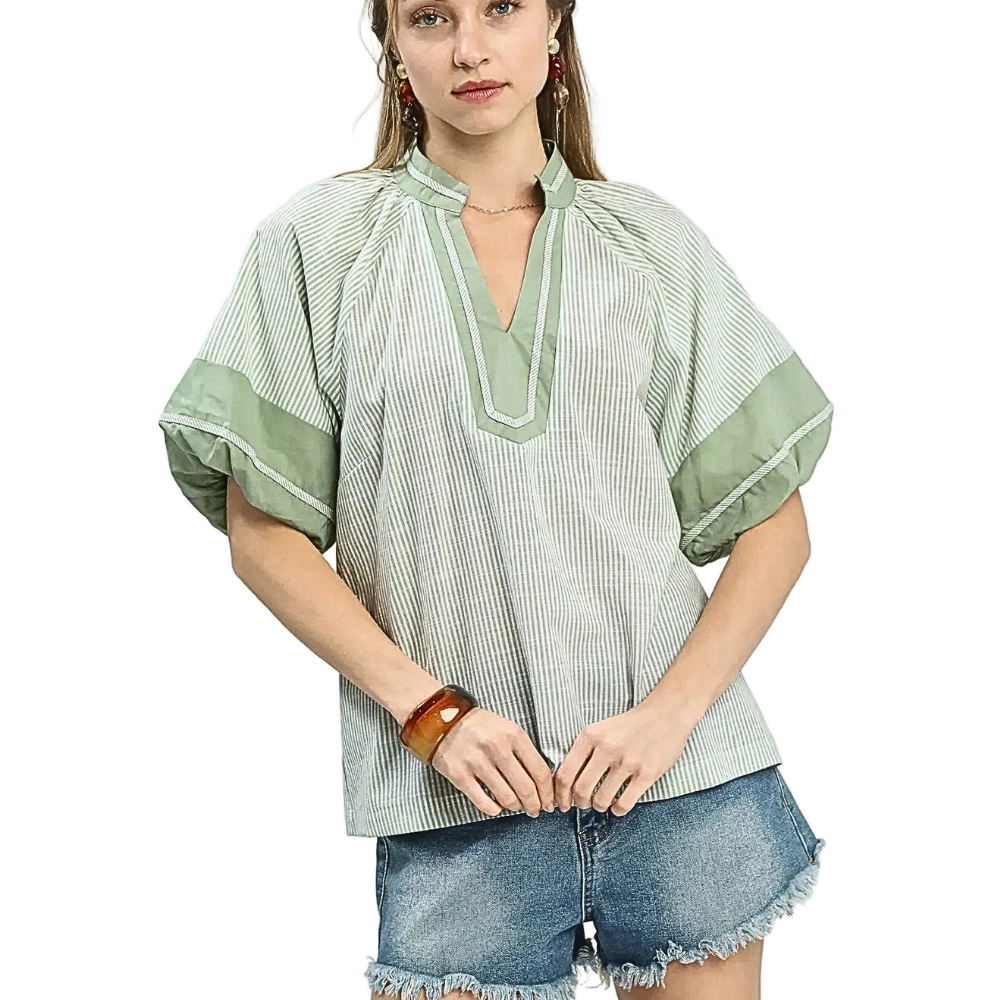 Umgee Blouse Striped V-Neck Contrast Trim Green Balloon Sleeve Cotton Top