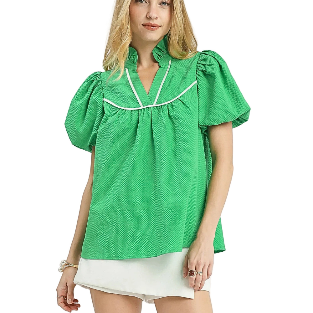 Umgee Blouse Textured Casual V-Neck Ruffle Trim Short Puff Sleeve Top Green