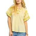 Umgee Blouse Textured V-Neck Floral Embroidered Trim Ballon Short Sleeve Top