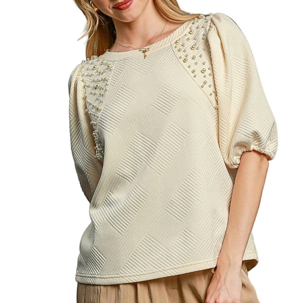 Umgee Blouse Textured Woven Pearl Beaded Cream Puff Short Sleeve Knit Top