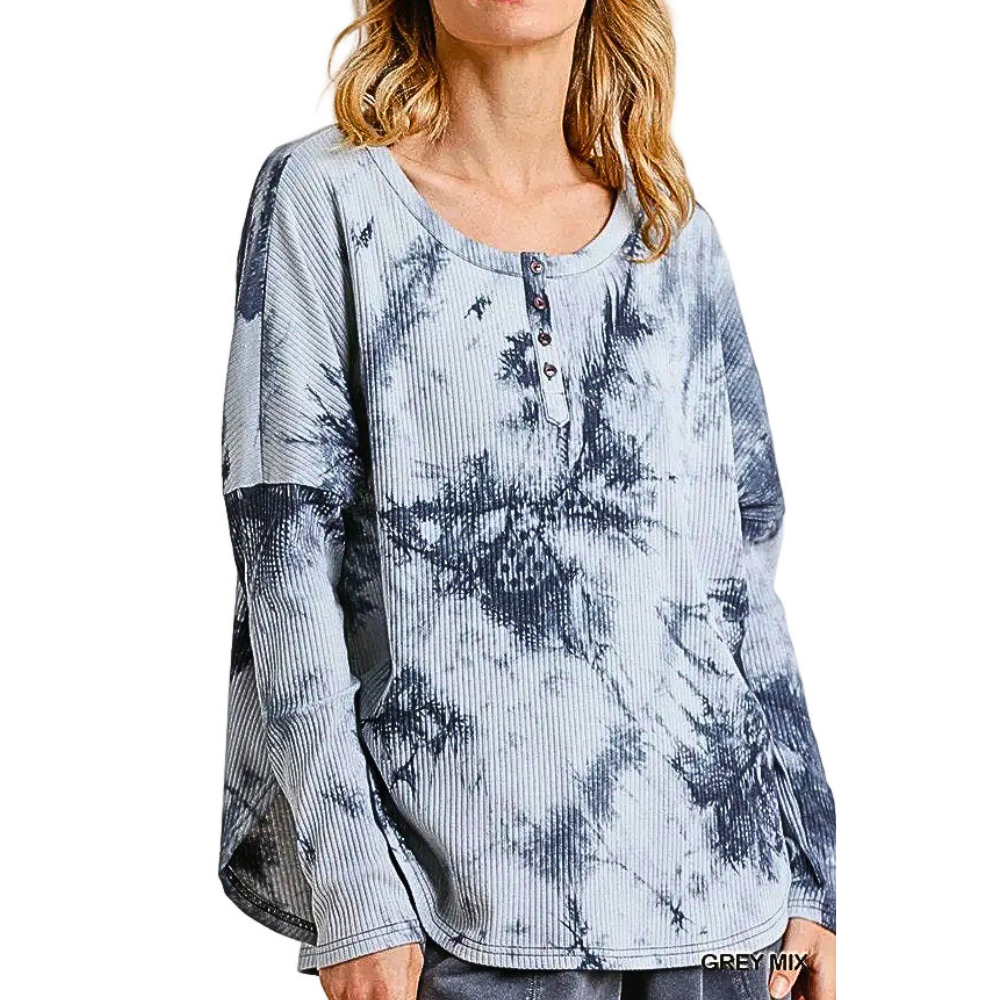 Umgee Blouse Tie Dye Round Neck Ribbed Button Front Top with Rounded Hem