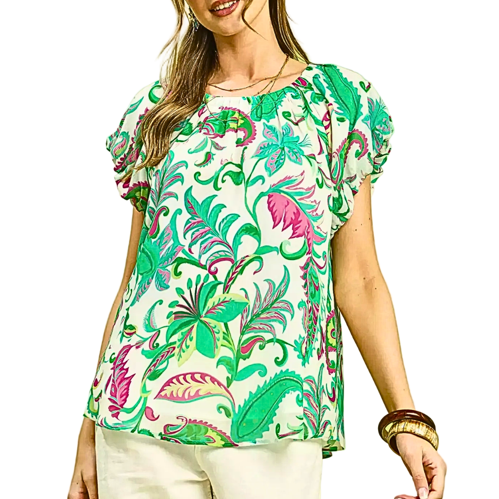 Umgee Blouse Tropical Floral Green Print Ruffle Round Neck Short Sleeve Casual Top