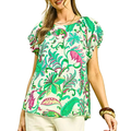 Umgee Blouse Tropical Floral Green Print Ruffle Round Neck Short Sleeve Casual Top