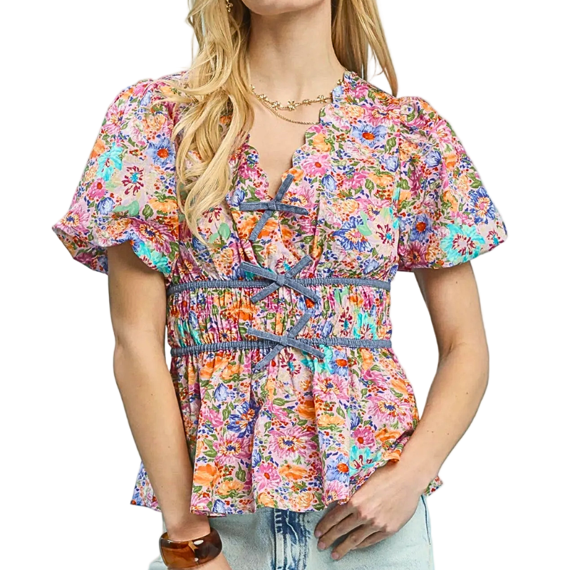 Umgee Blouse V-Neck Bow Smocked Waist Ruffle Short Sleeve Pink Mix Floral Boho Top