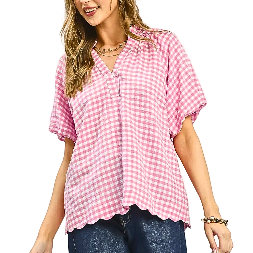 Umgee Blouse V-Neck Collar Pink Gingham Plaid Ruffle Trim Short Sleeve Casual Top
