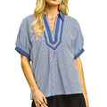 Umgee Blouse V-Neck Contrast Trim Collar Popover Stripe Ruffle Short Sleeve Top