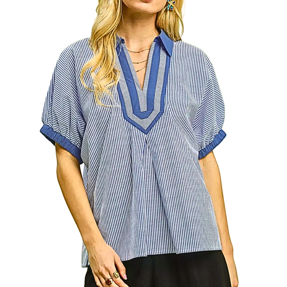 Umgee Blouse V-Neck Contrast Trim Collar Popover Stripe Ruffle Short Sleeve Top