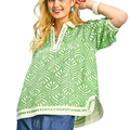 Umgee Blouse V-Neck Floral Leaf Green Print White Contrast Trim Casual Loose Top